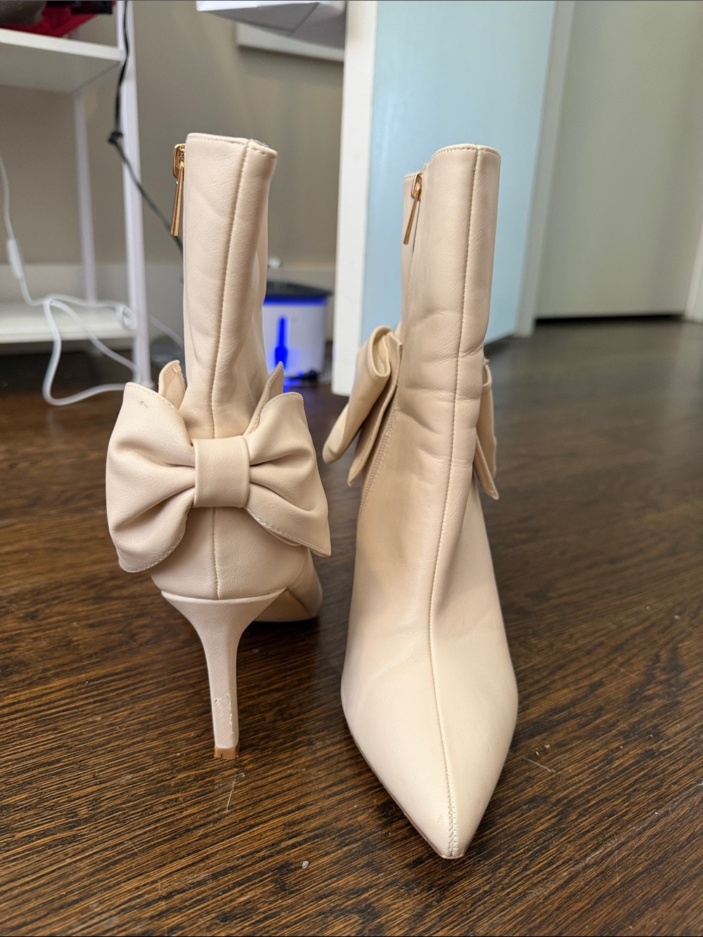 Cream Pointed Toe Stiletto Ankle Boots with Bow